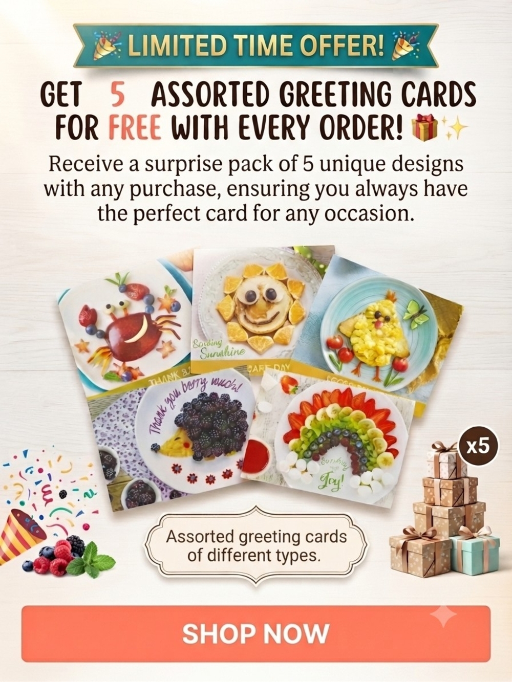 FREE FREE Assorted Colorful Food-Themed Greeting Cards - Pack of 5 EACH ORDER!!!